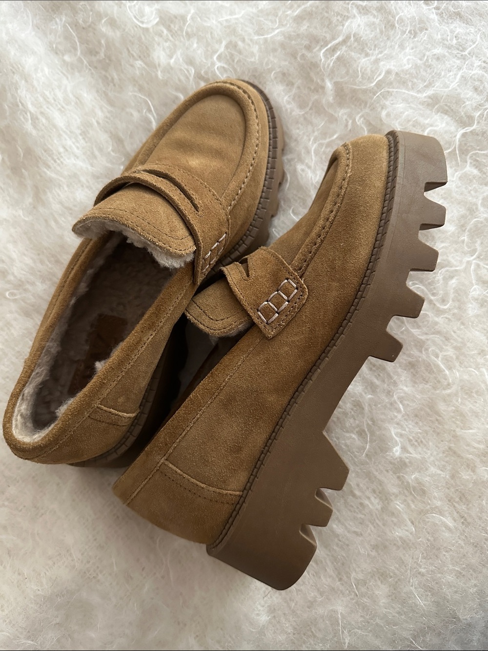 Zara Shearling Lined Suede Platform Loafers Camel Brown EU 37